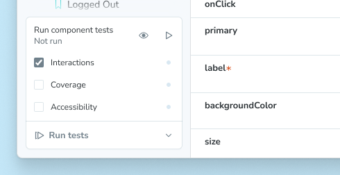 Screenshot of testing widget, expanded, showing test types and watch mode toggle