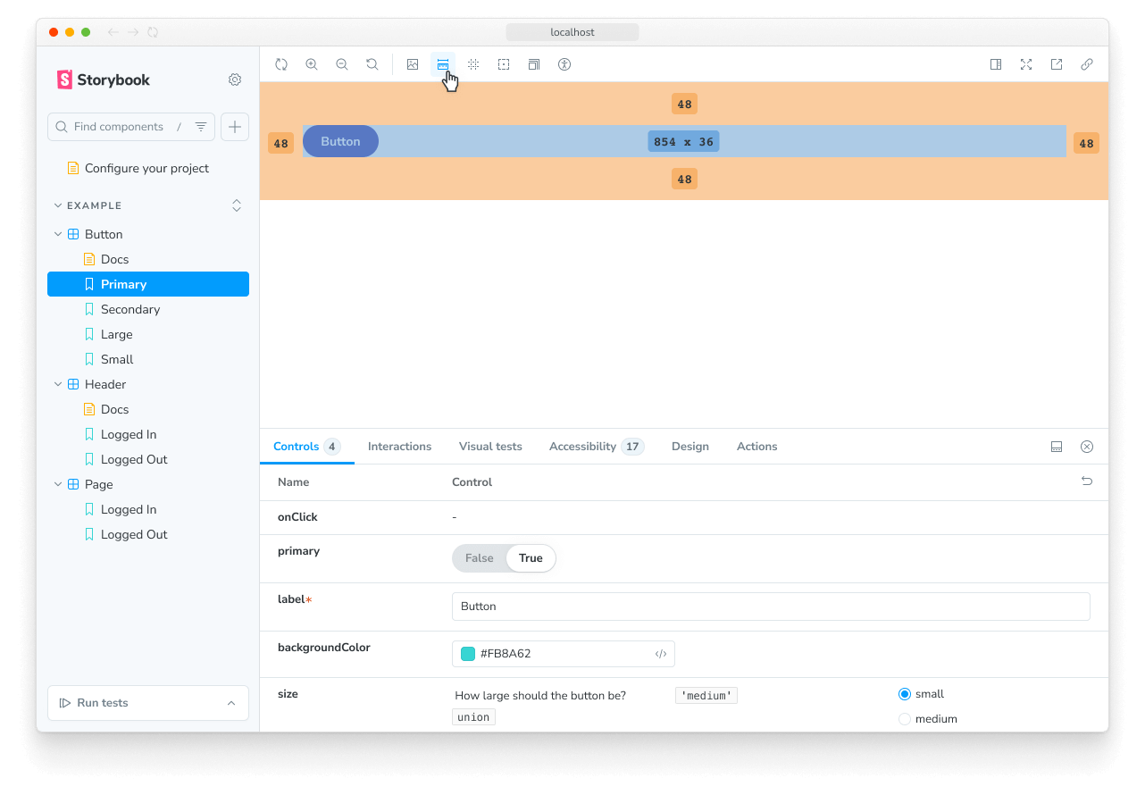 Measure feature enabled displaying the component's dimensions