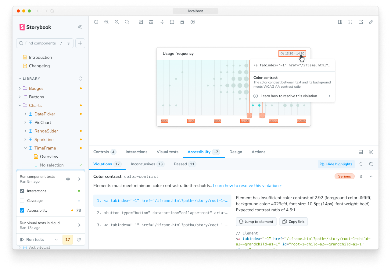 Storybook UI with a highlighted element with a popover menu showing accessbility violation details