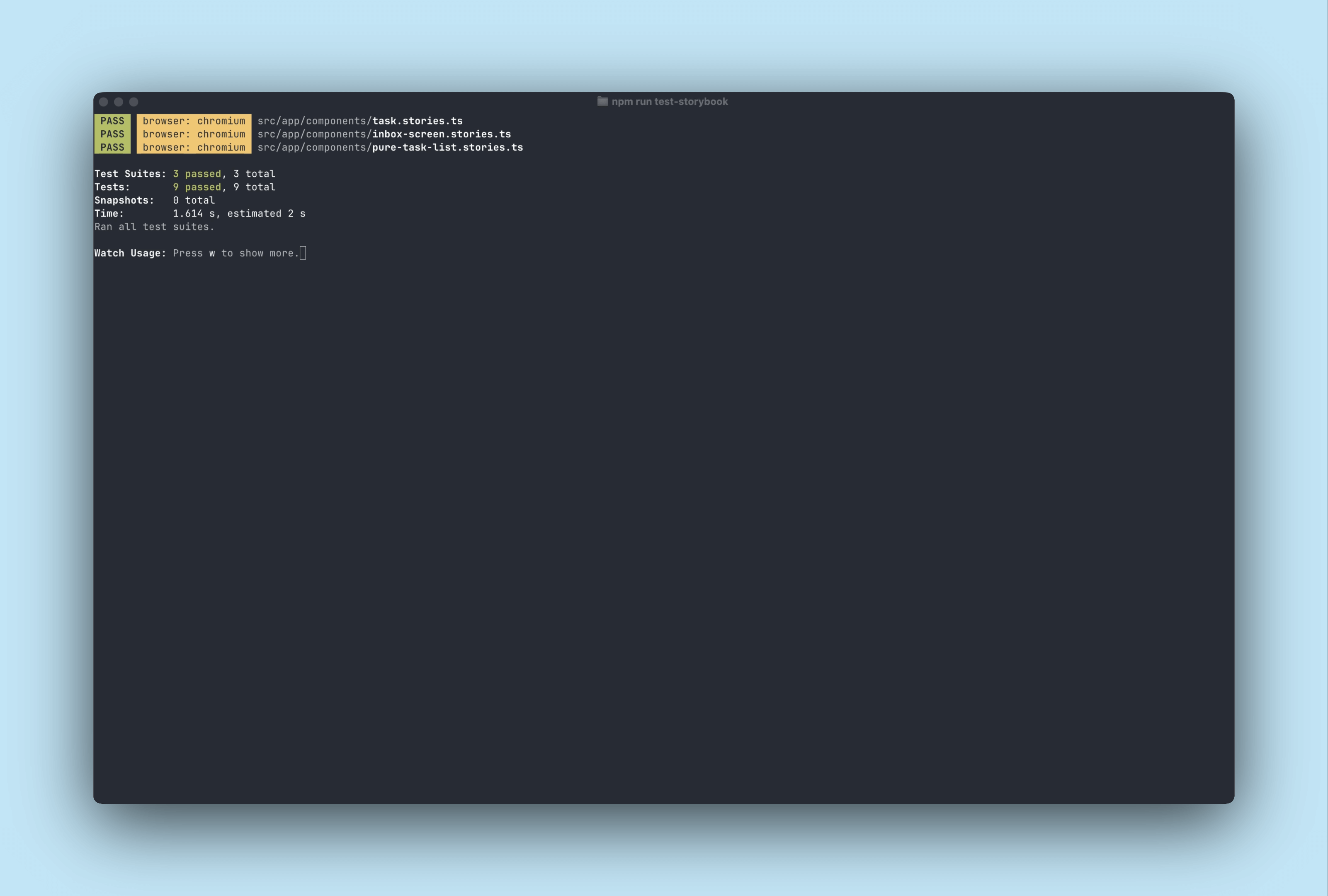 Storybook test runner successfully runs all tests
